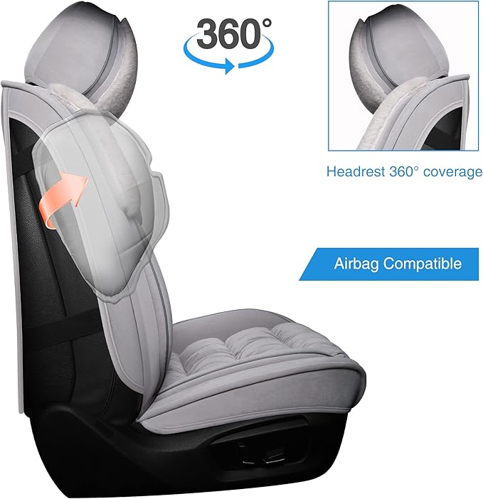 AOOG Fuzzy Leather Car Seat Covers Full Set, Heated Front Bench Back Cushion Protector for Cars SUV Trucks (Full Set,Grey)
