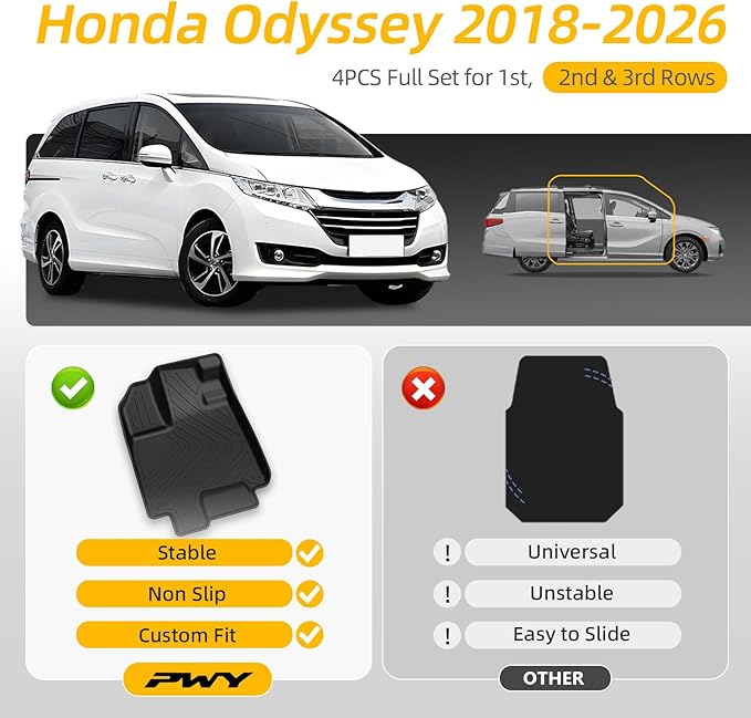 PWY Car Floor Mats for Honda Odyssey (2018-2025 2026), All Weather Car Liners, TPE Custom Automotive Floor Mats - Heavy Duty & Non Slip, 4PCS Full Set for 1st & 2nd & 3rd Row, Minivan Accessories