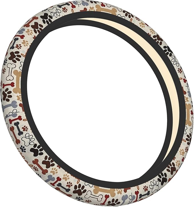 Paw Prints Steering Wheel Cover for Women Men, 15 Inches Brown Dog Cat Paw Neoprene Anti-Slip Cute Universal Car Steering Wheel Grip Wrap Car Accessories Protective Case Cover for Vehicle Truck SUV