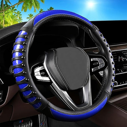 3D Massage Blue Carbon Fiber Leather Steering Wheel Cover, 14.5-15 Inch Non-Slip Breathable Microfiber Car Steering Wheel Protector