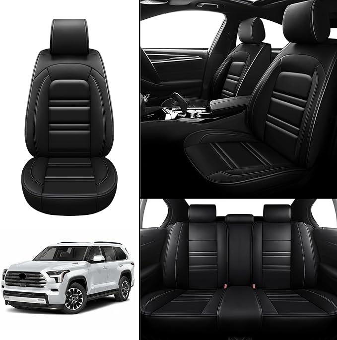 Seat Covers for Toyota Sequoia 2008-2025 | 5-Seats Leather Seat Covers, Easy to Install Automotive Seat Covers Full Set (Full Set, Black)