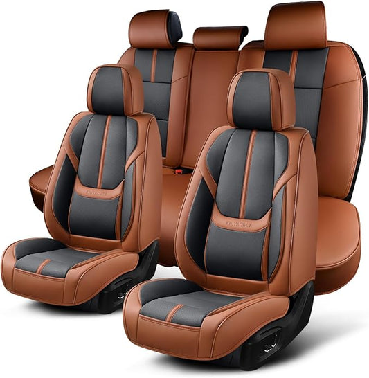 Auto Car Seat Covers Accessories Full Set Leather Cushion Protector Breathable Waterproof Seat Cover for Cars Universal Fit (Brown&Black, FullSet Without Headrest)