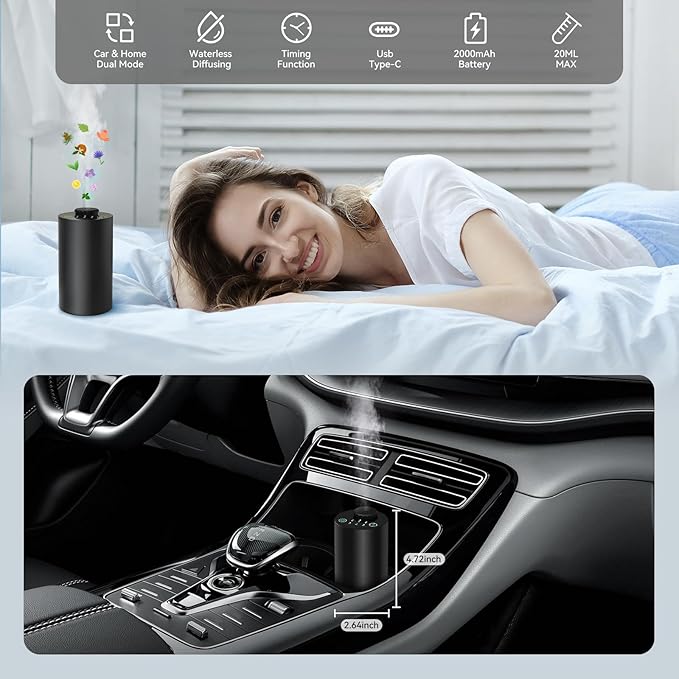 Waterless Essential Oil Diffuser Battery Operated Cordless Aromatherapy Diffuser with Timing & 3 Mist Levels car Diffuser，Black Aluminum Alloy (E10-2A)