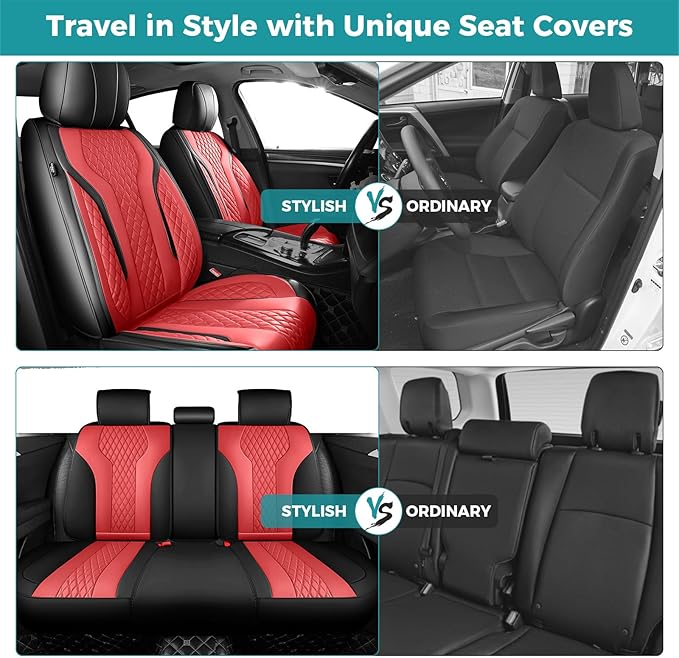 Leather Car Seat Covers - Breathable Faux Leather Seat Covers Full Set for Cars SUV Sedan - Waterproof - BlackRed