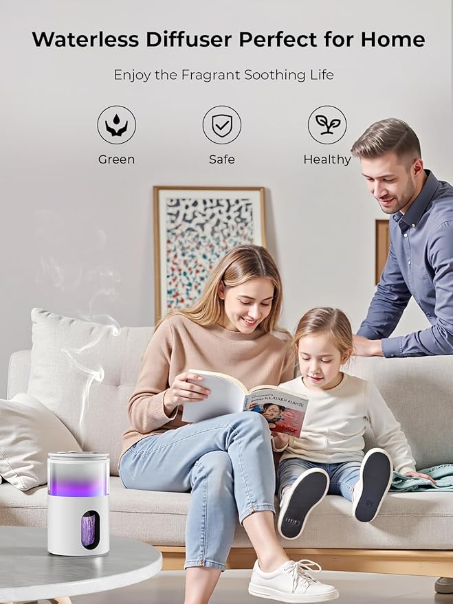 Waterless Diffuser for Essential Oil: Mini Battery Scent Diffuser for Room&Home&Car with 9 Colors LED Light - Aroma Cool Mist Snow White