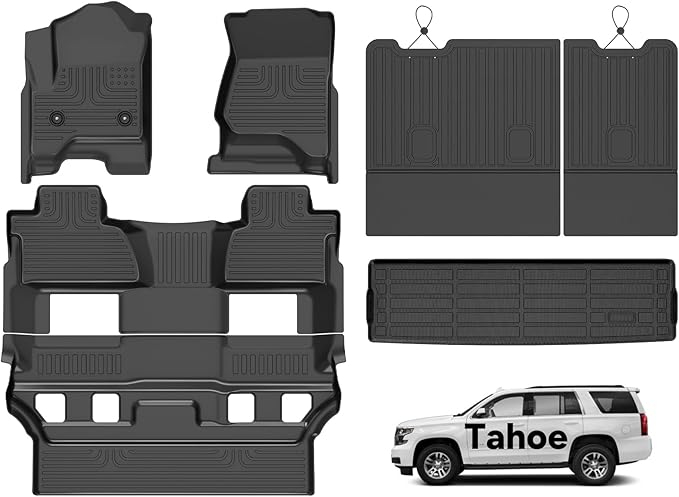 Wayhigh® Floor Mats & Backseat Cargo Liner for 2015-2020 Chevy Tahoe & GMC Yukon Denali/SLE/SLT (Not XL)(Bucket Seat) with Backrest Mat All Weather TPE Car Mats Heavy Duty Rubber Floor Liners