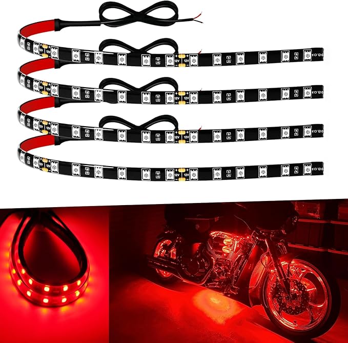 12V Led Light Strip 12" Connectable Red LEDs Strip Lights for Cars Motorcycle Golf Cart Boat Marine Waterproof Car Led Strip, 4Pack