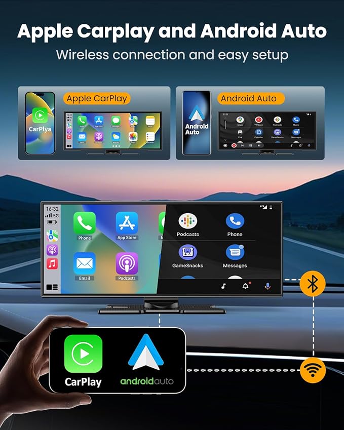 11.5" Wireless Carplay Screen for Car, Portable Apple Carplay & Android Auto Touch Screen, 4K Dash Cam/App Control/Backup Camera/Mirror Link/Voice Control/GPS/Bluetooth,for All Vehicles