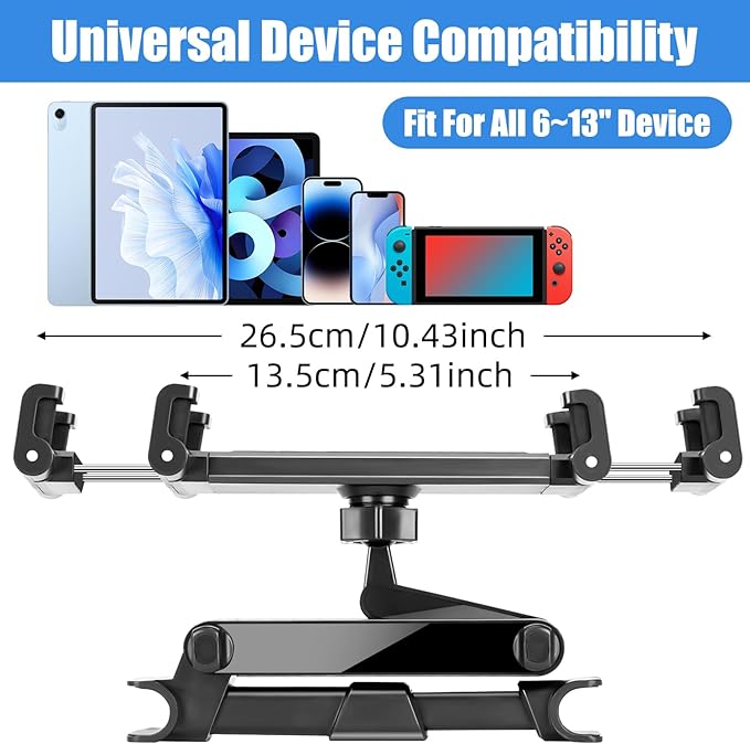 Tablet Holder for Car Headrest,Foldable Stand Compatible with 6-13" iPad,Air,Mini,Switch,360° Adjustable Rotation,Essential for Road Travel,Black