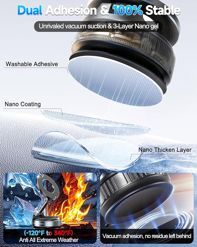 2026 Upgraded Vacuum Magnetic Car Phone Holder for Your Car [120LBS Ultra Suction Cup & 3000gf Magnet] 780° Adjustable Foldable Cell Phone Mount for Magsafe Dashboard Car Bracket for iPhone & Android