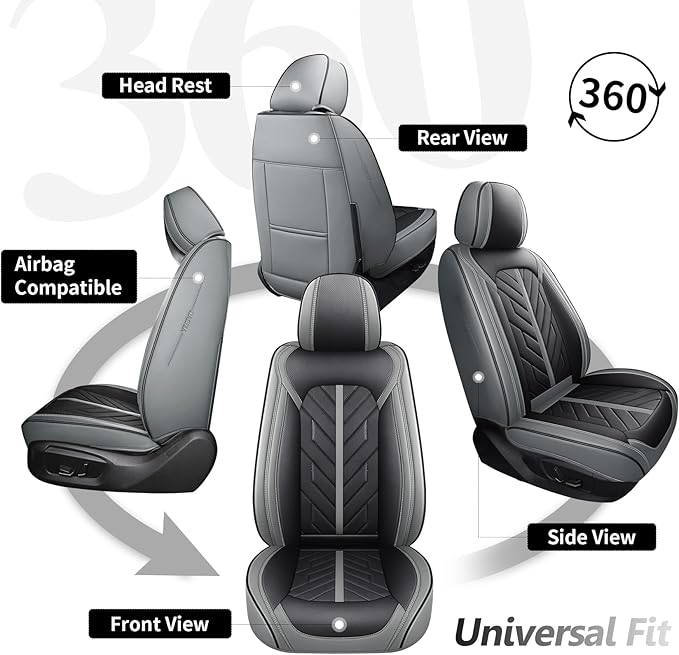 Tomatoman Car Seat Covers Full Set,Universal Automotive Leather Vehicle Cushion Full Coverage Protectors Fit for Most Sedans SUV Pick-up Truck(Full Set/Black-Grey)