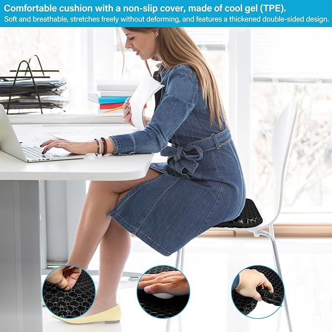 Gel Seat Cushion for Long Sitting With handle-Large & Thick & Soft & Breathable-Gel Cushion for Wheelchair, Gel Chair Cushion for Hip Pain, Gel Seat Cushion for Office Chair (Black, 18 x 17 inches)