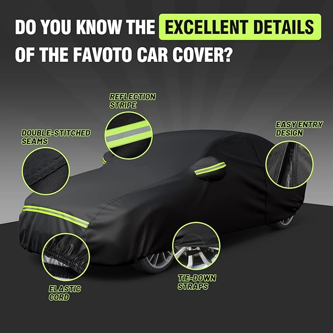 Favoto 6 Layers Car Cover Waterproof All Weather for Automobiles Heavy Duty Outdoor Sun Snow Protection Car Tarp with Windproof Straps Universal Fit for Sedan Length up to 185"