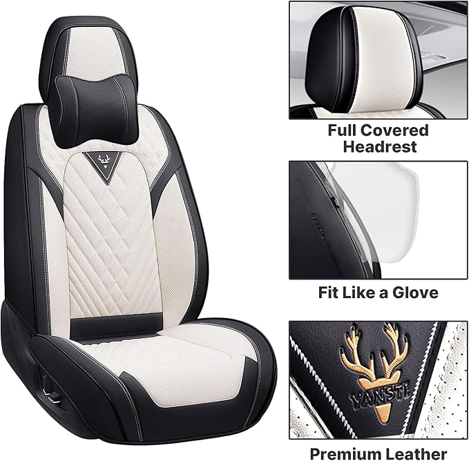 Car Seat Covers,Waterproof Nappa Leather Automotive Seat Covers Full Set for Cars SUV Truck Sedan,Universal Anti-Slip Seat Protector Breathable Seat Cover (2 Seat-Headrest,Black&White)