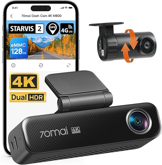 70mai 4K Dash Cam Front and Rear for Cars, STARVIS 2 IMX678 Super Night Vision & F1.7 Aperture, Dual HDR, Support 4G LTE & 5GHz Wi-Fi, Built-in 128GB eMMC, GPS, Voice Control, Parking Monitor (M800)