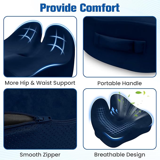 Seat Cushion, Chair Cushions for Office Chairs/Desk Seats/Wheelchair - Hip&Sciatica&Tailbone Pain Relief Memory Foam Office Chair Cushion for Long Sitting Office Workers, Blue