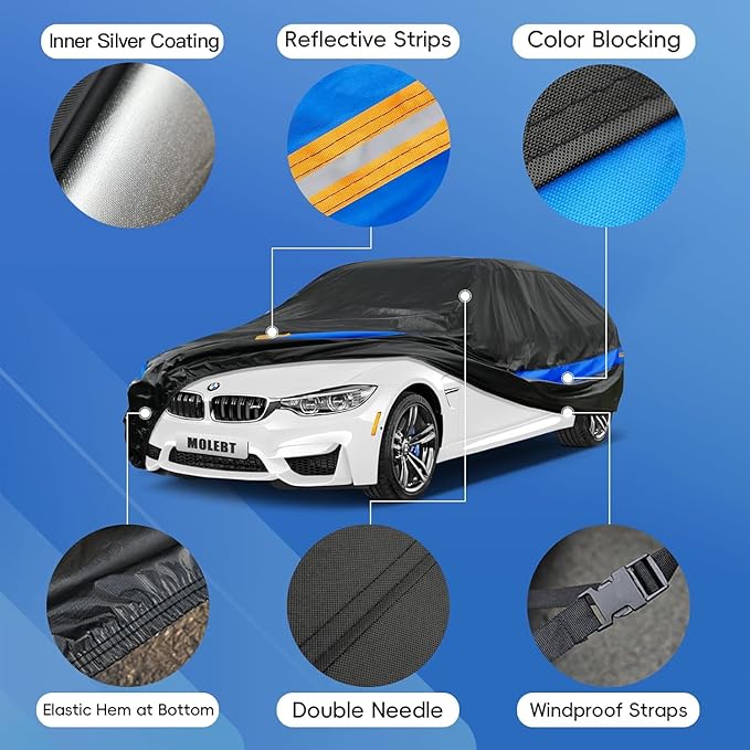 Car Cover Waterproof All Weather for Automobiles, Universal Fit Sedan Coupe Chevrolet Corvette/Camaro, Ford Mustang/Fusion, Honda Accord/Civic, KIA Optima, Hyundai Sonata, Nissan Maxima etc.