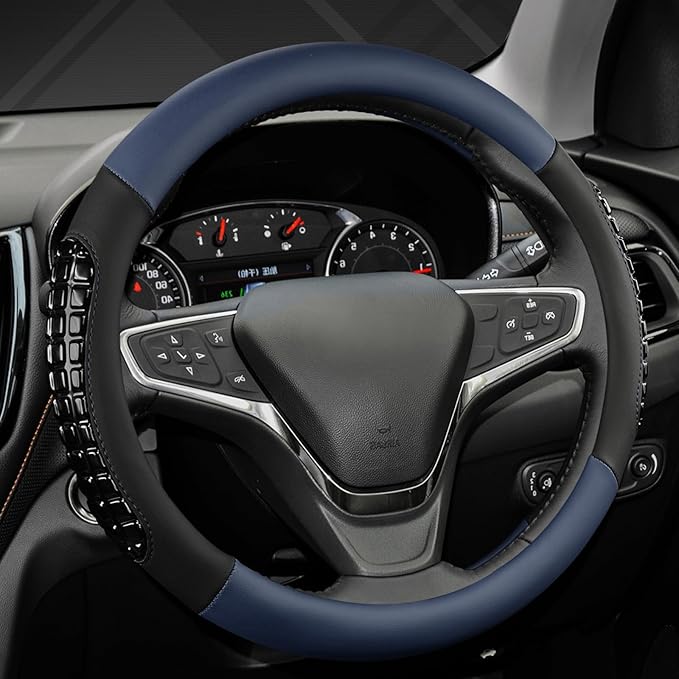 West Llama Nappa Leather Car Steering Wheel Cover Gel Massage,Cool in Summer,Universal 15 inch(Blue+Black-Standard Size)