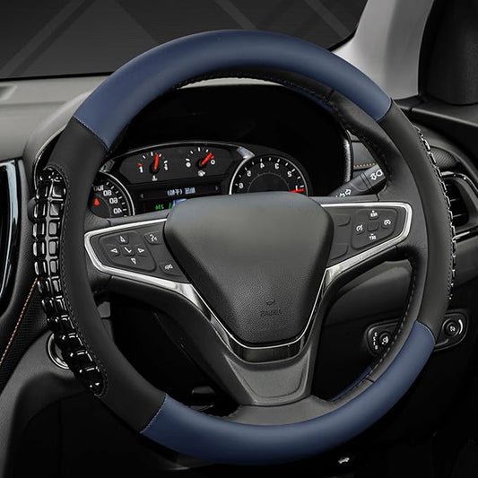 West Llama Nappa Leather Car Steering Wheel Cover Gel Massage,Cool in Summer,Universal 15 inch(Blue+Black-Standard Size)