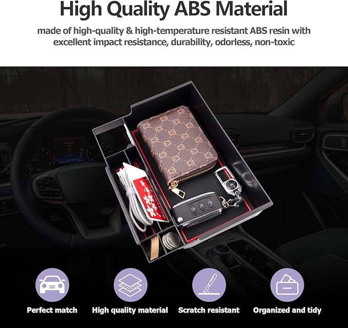 LUWU for Ford Explorer Accessories Center Console Organizer 2020-2024 Ford Explorer XLT/Limited/Active/ST-Line/ST/Platinum Armrest Organizer Insert Tray Ford Explorer Armrest Console Organizer (Red)