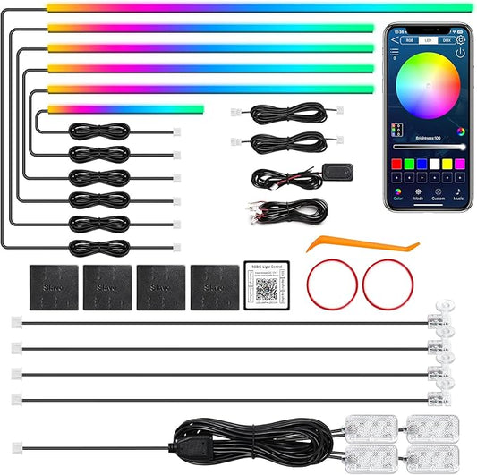 Dreamcolor Acrylic Interior Car LED Strip Light with Wireless APP, RGB 14 in 1 with 175 inches 612 LEDs Fiber Optic Strip Lights for Car, Dual Zone Music Sync Neon Car Ambient Lighting Kits