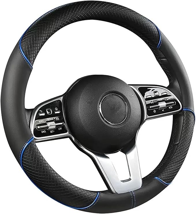 Premium Nappa Leather Steering Wheel Cover, Non-Slip & Breathable, Universal Fit for 14.5-15 Inch Wheels (37-38.5 cm) - Enhanced Driving Comfort (Black and Blue)