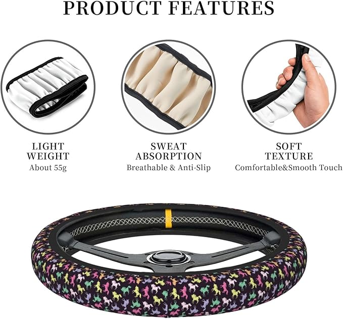 Dujiea Colorful Unicorn Elastic Stretch Steering Wheel Cover, Anti-Slip and Durable Car Steering Wheel Accessories for Women Men, 15 Inch Universal Fit Car, Truck, SUV
