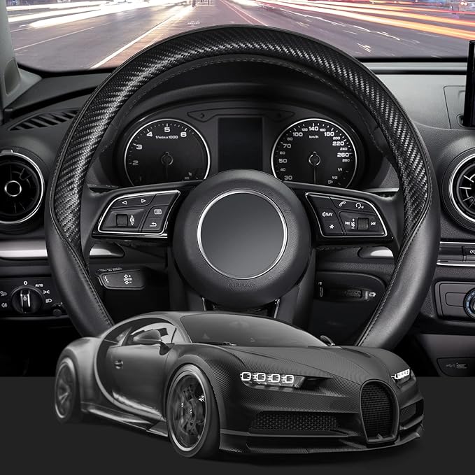 SEG Direct Car Steering Wheel Cover Small-Size for Prius Civic Model 3 Model Y Camaro Rogue with 14"-14 1/4" Outer Diameter Leather with Carbon Fiber Pattern Black