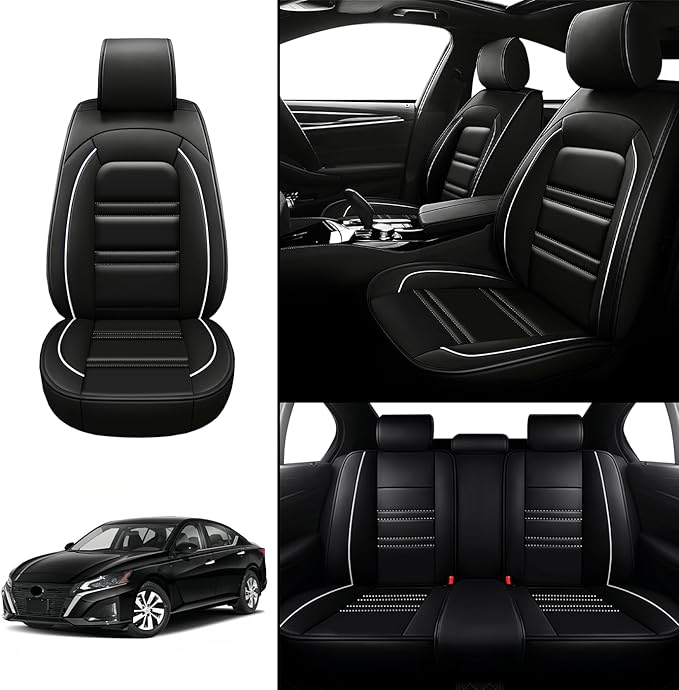 Seat Covers for Nissan Car Altima 1998-2025 | 5-Seats Leather Seat Covers, Easy to Install Automotive Seat Covers Full Set (Full Set, Black&White Line)