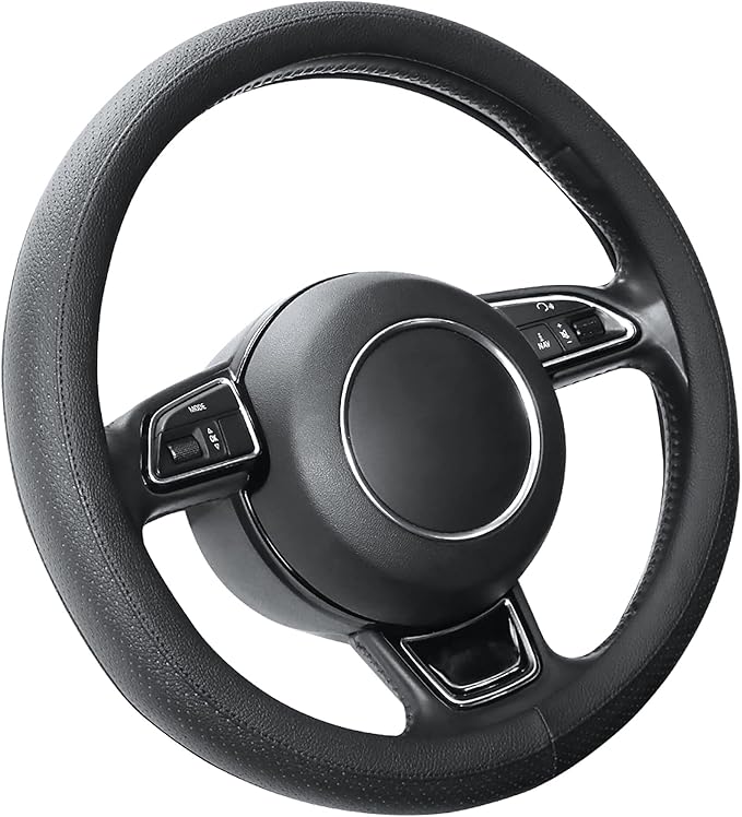 SEG Direct Black Car Steering Wheel Cover Small Size 14-14.25 inch (35.5-36 cm), for Prius Civic Model 3 Model Y Camaro, Breathable Microfiber Leather
