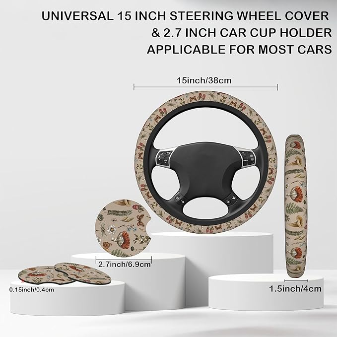 Woodland Fern Mushroom Steering Wheel Cover for Women, Anti-Slip Car Steering Wheel Cover with 2 Pcs Cup Holders Neoprene Breathable Car Accessories Universal 15 Inch Auto Interior Decor