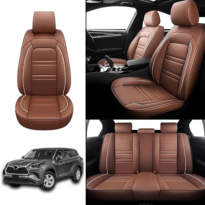 Seat Covers for Toyota Highlander 2001-2025 | 5-Seats Leather Seat Covers, Easy to Install Automotive Seat Covers Full Set (Full Set, Coffee)