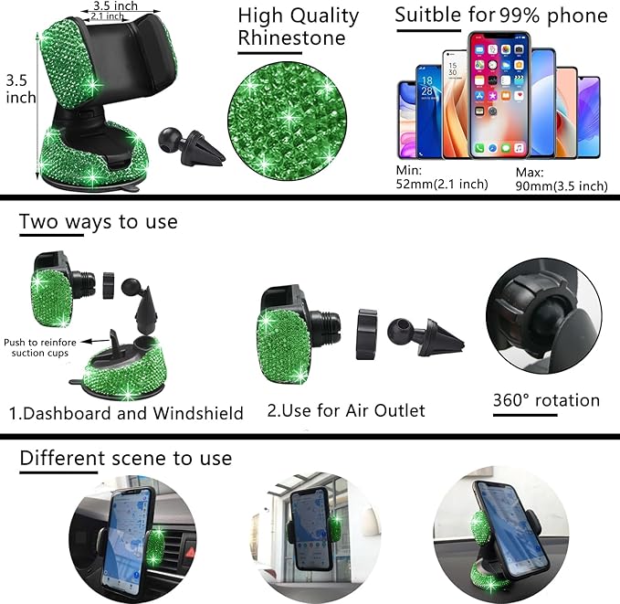 NBTEPEM 27 PCs Green Bling Car Accessories Set for Women, Steering Wheel Covers Universal Fit 15 Inch, Bling License Plate Frame, Bling Phone Holder, Bling Car Coasters (Green Diamond)