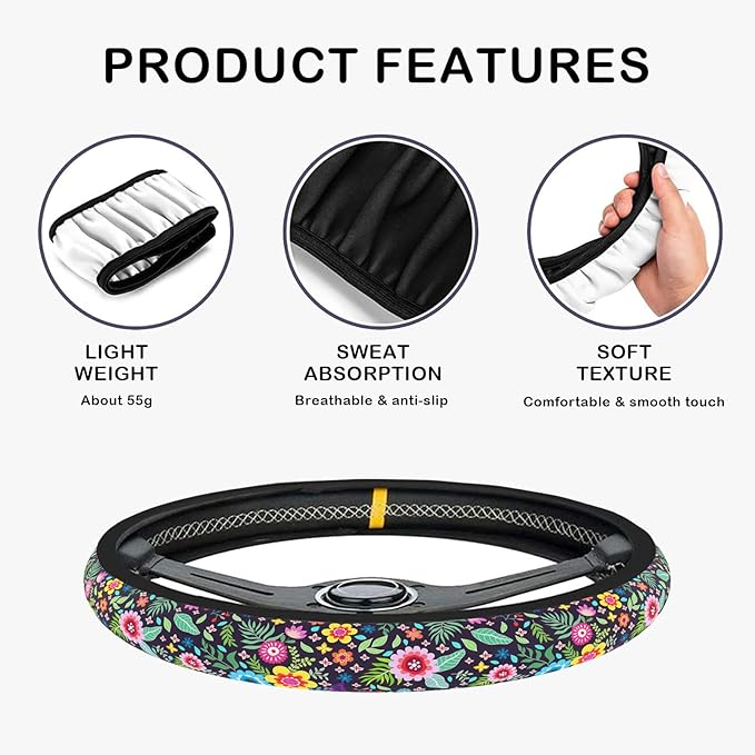 Wildflower Flower Floral Steering Wheel Cover for Women Anti-Slip Universal Car Accessories 15 inch Steering Wheel Protector Fit Auto SUV Sedan Vans Trucks
