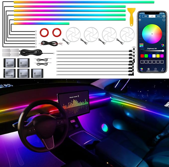 Dreamcolor Acrylic Interior Car LED Strip Light with Wireless APP, RGB 22 in 1 with 175 inches 600 LEDs Fiber Optic Ambient Lighting Kits, Dynamic Chasing Music Sync Neon LED Strip for Car Accessories