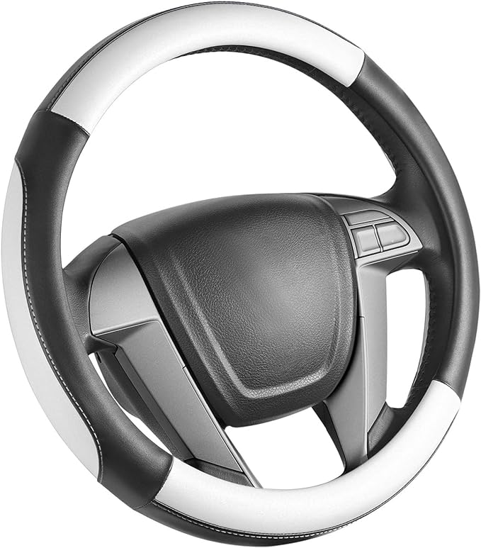 SEG Direct Car Steering Wheel Cover Small Size for Prius Civic Model 3 Model Y Camaro Rogue with 14-14 1/4 inches Outer Diameter, Black and White Mirofiber Leather