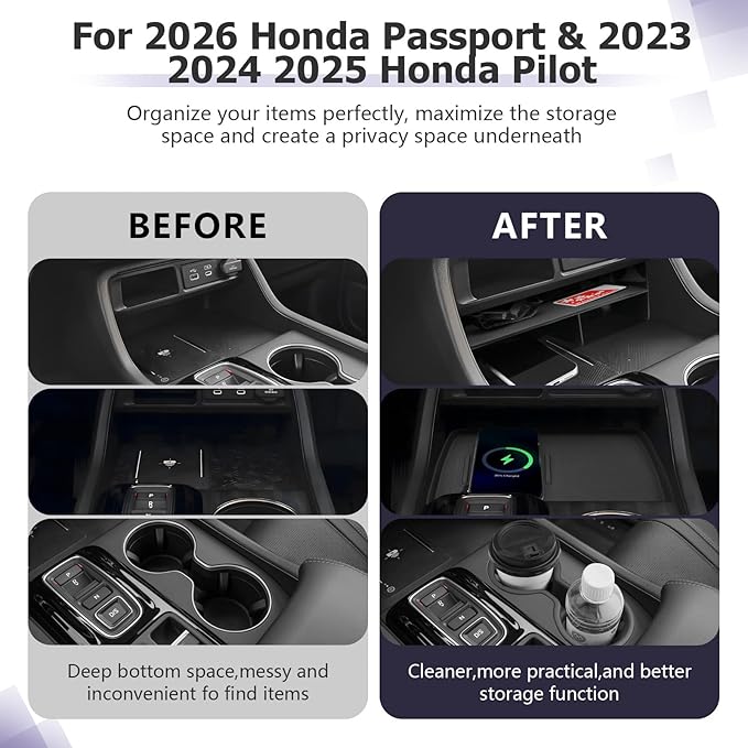 LUWU 2026 Honda Passport Accessories Compatible with 2023 2024 2025 Pilot & 2026 Passport Center Console Organizer,Center Console Cup Holder, Wireless Charging Protective Mat, Armrest Organizer 4PCS
