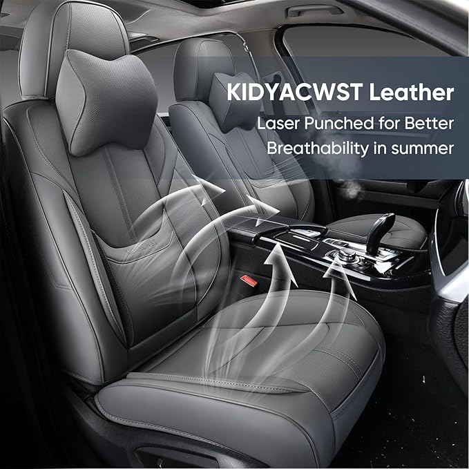 Auto Car Seat Covers Accessories Full Set Leather Cushion Protector Breathable Waterproof Seat Cover for Cars Universal Fit (Grey, Front Pair and Rear)