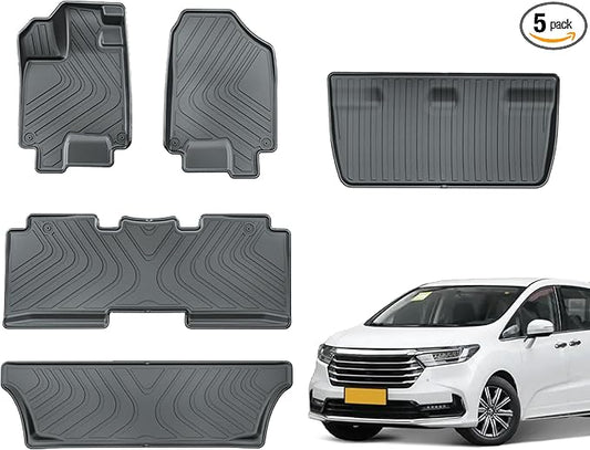 TPE Floor Mats & Trunk Mat for Honda Odyssey 2018-2026 Mini Passenger Van, All Weather Car Floor Liners-1st & 2nd & 3rd Row & Cargo Mat Full Set,Durable, Odorless, Easy to Clean (5-Piece Set, Black)