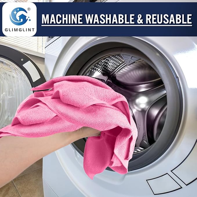 GLIMGLINT Pink Microfiber Cleaning Cloth, 12 Pack Cleaning Towels for Kitchen, Lint Free, Scratch-Free, Highly Absorbent, and Reusable Cleaning Rags for House, Window and Glass, Cars, 14"X12"