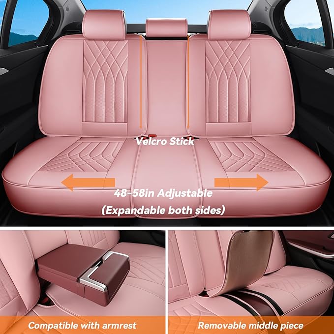 Pink Car Seat Covers Full Set, Full Coverage Luxury Leather Car Seat Protector Universal Fit for Most Cars SUVs Pick-up Trucks, Pink Seat Covers Car Interior Accessories for Women