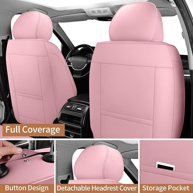 Leather Car Seat Covers Full Set Breathable Automotive Seat Covers Waterproof Seat Protectors Universal Fit for Most Automotive Cars SUV Trucks(Pink, Full Set)