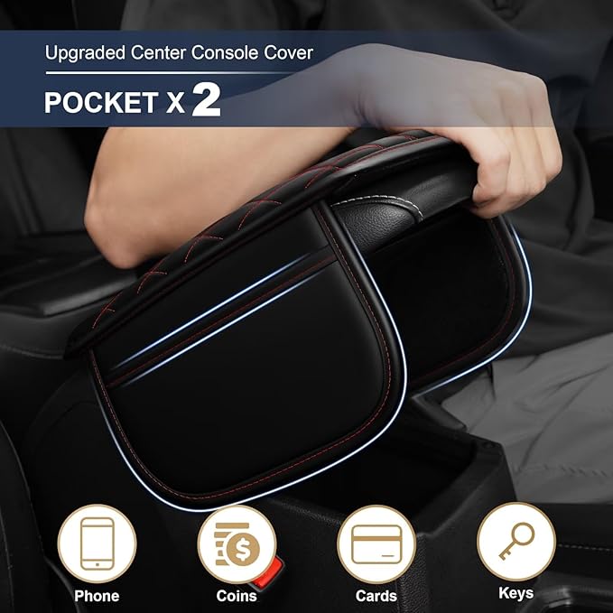 YORKNEIC Center Console Cover Fit for Ford - Middle Console Cover with 2 Storage Pocket,Faux Leather Waterproof Anti-Scratch Car Armrest Cover Protector(001Black&Redline)