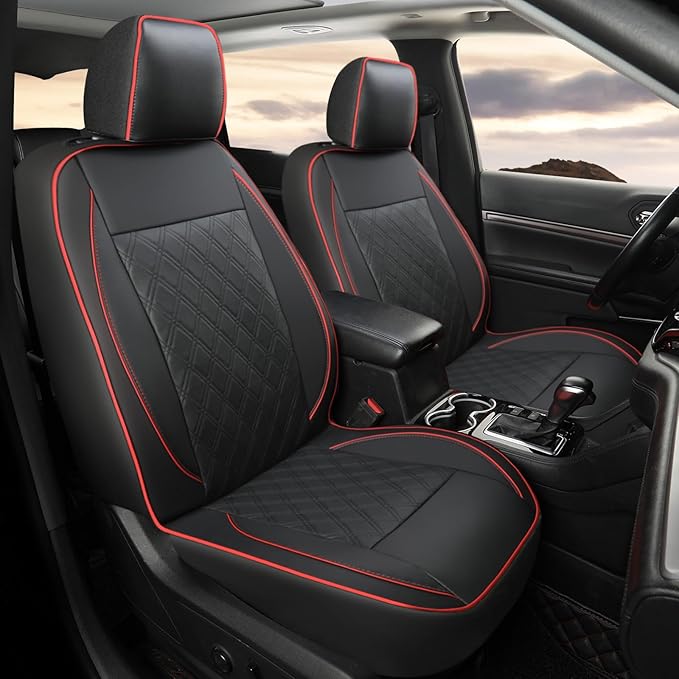 GIANT PANDA Front Car Seat Cover for Jeep, Piping Leather Bucket Seat Covers Custom Fit Jeep Grand Cherokee Wrangler Compass Gladiator Wagoneer Renegade Liberty Patriot (Black+Red)