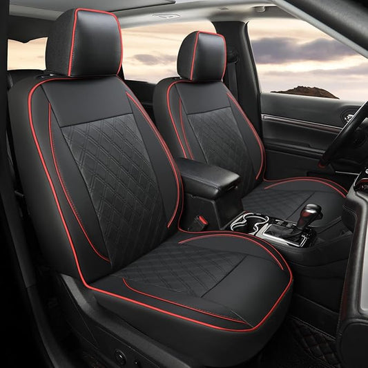 GIANT PANDA Front Car Seat Cover for Jeep, Piping Leather Bucket Seat Covers Custom Fit Jeep Grand Cherokee Wrangler Compass Gladiator Wagoneer Renegade Liberty Patriot (Black+Red)