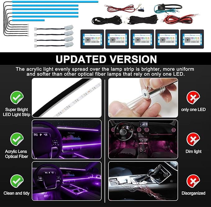 Acrylic Interior Car LED Strip Light with Wireless APP, RGB 10 in 1 with 175 inches 600 LEDs Fiber Optic Car Ambient Lighting Kits, 16 Million Colors Sound Active Function LED Strip for Car