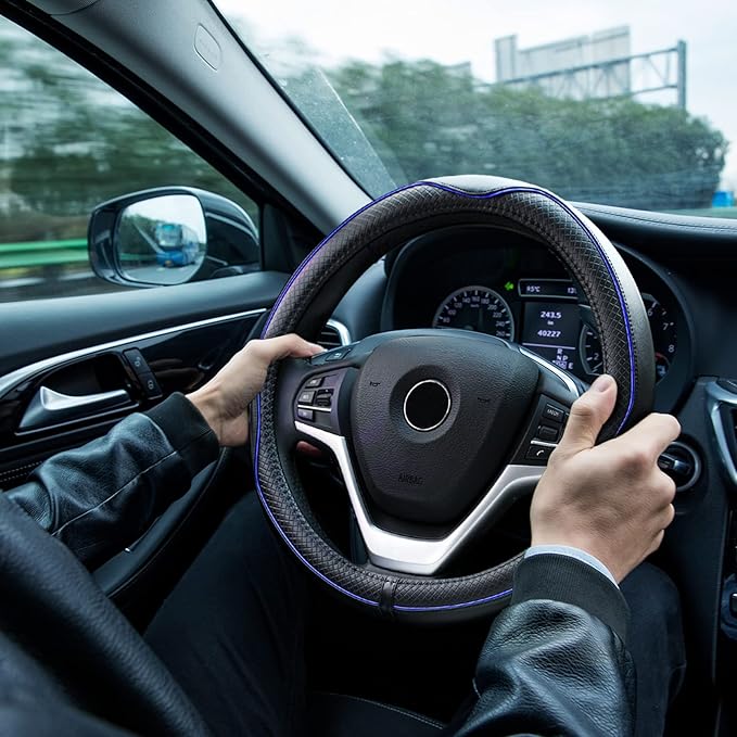 Rueesh Microfiber Leather Steering Wheel Cover Anti-Slip Matte Finish Auto Car Wheel Cover Universal 15 Inch Wheel Cover for Car Embossing Pattern Blue Line