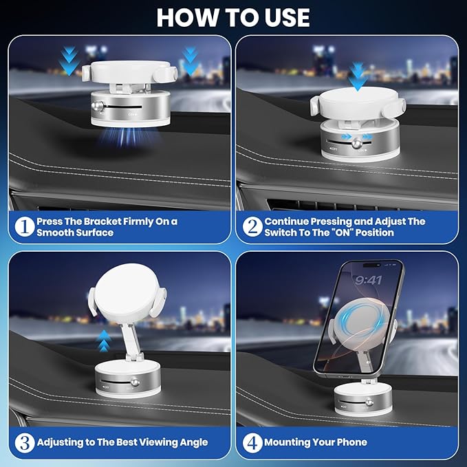 Upgraded 360° Adjustable Vacuum Magnetic Phone Holder, Vacuum Magnetic Suction Phone Mount with Clamp Foldable Phone Holder for Car/Gym/Mirror/Smooth Surface, Suitable with All Smartphones (White)