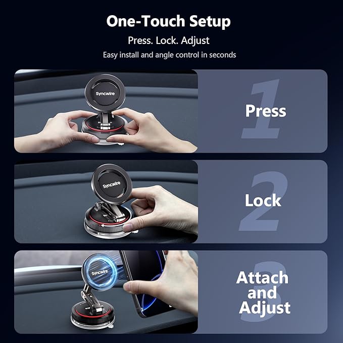 SYNCWIRE for MagSafe Car Mount [3-Axis] Nano Adhesive Gel + Strong Suction Cup Magnetic Phone Holder for Dashboard & Windshield, 360° Adjustable for iPhone 17 16 15 14 13 12, Samsung, Matte Black