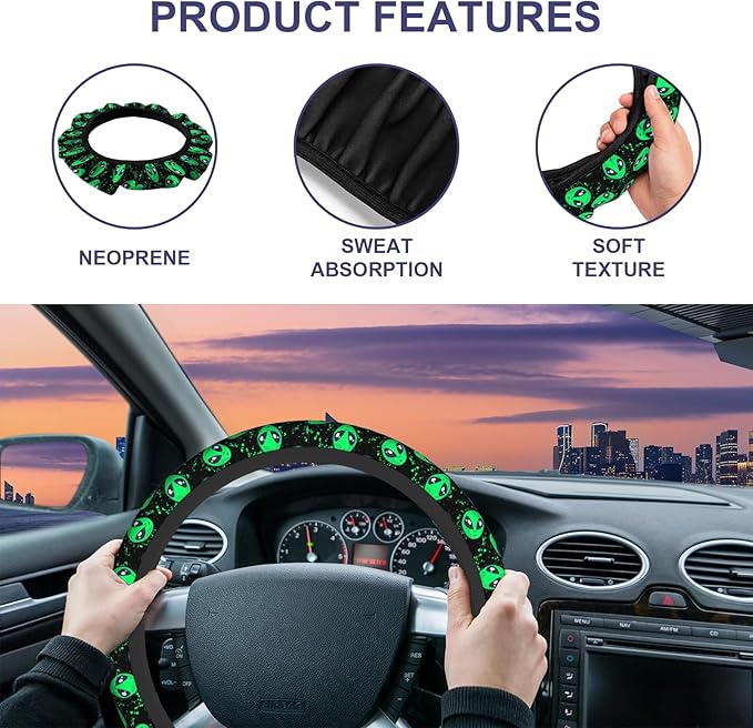 Green Alien Steering Wheel Cover - 15 Inch Universal Car Wheel Cover for Auto, Truck, Vans